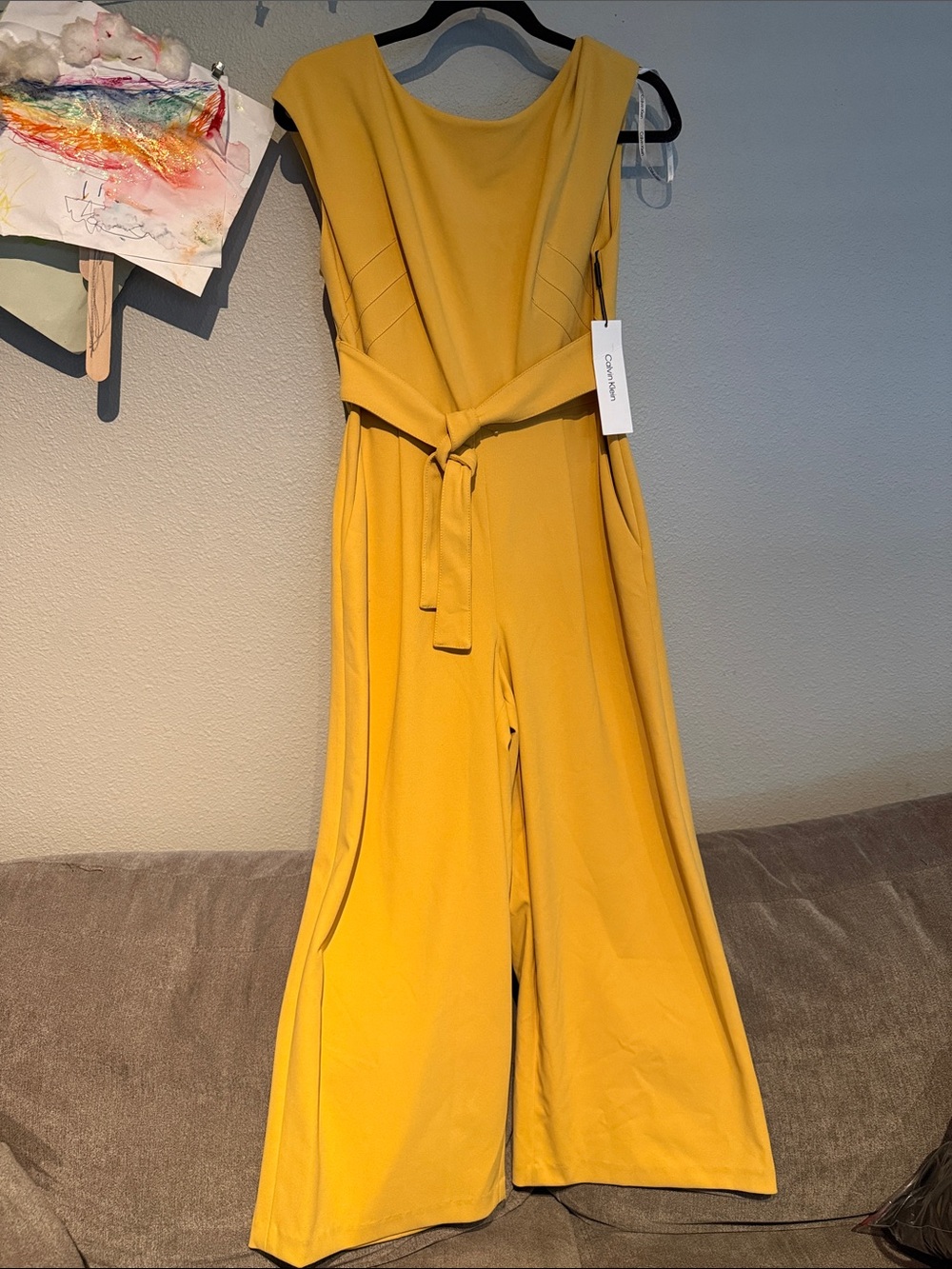 Calvin Klein Yellow Wide-Leg Jumpsuit with Tie Waist
